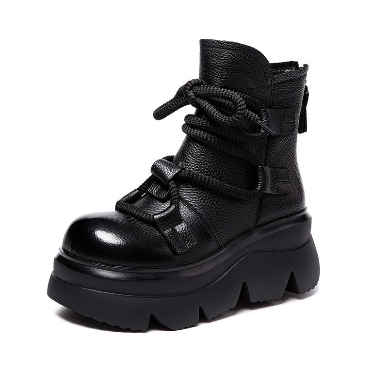 Women's Genuine Leather Platform Martin Boots - 2025 Autumn/Winter Retro Style, Perfect with Skirts for Outdoor Wear.