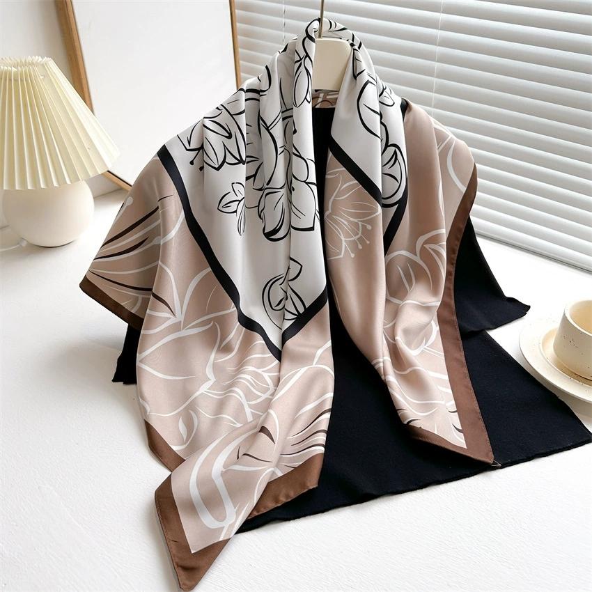 New Retro Printed Elegant 90cm Twill Fabric Stole Flower Sunscreen Wrap Square Scarf For Women
