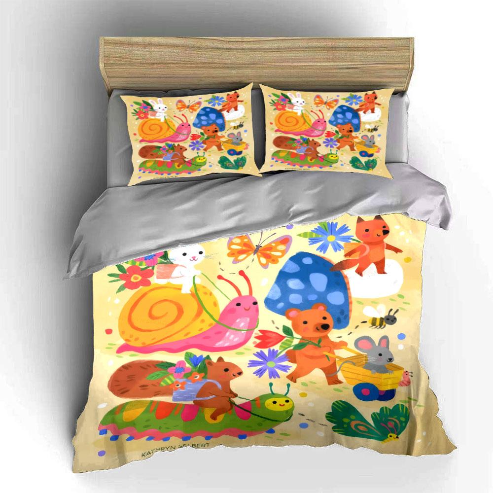 3Pcs Woodland Friends Cartoon Animal Duvet Cover Set Bunny Fox Bear Garden Nursery Bedding Single Double King Queen Gift