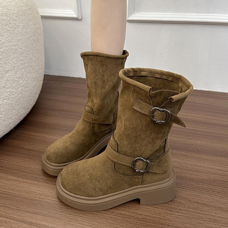 Leather~ inner heightening retro locomotive Martin boots women's autumn metal buckle rubbed thick heel thick bottom western pile short boots