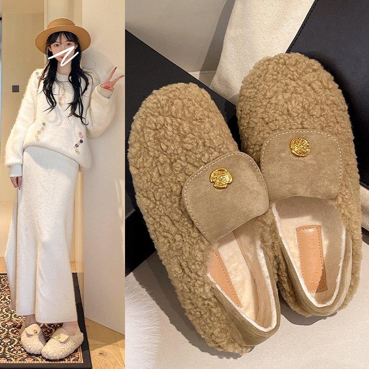 French camellia lazy one-pedal fluffy shoes women's autumn and winter velvet loafers soft-soled beanie shoes cotton ladyshoes