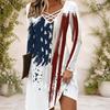 Women Criss Cross V Neck Long Sleeve American Flag Printed Curved Hem Dress