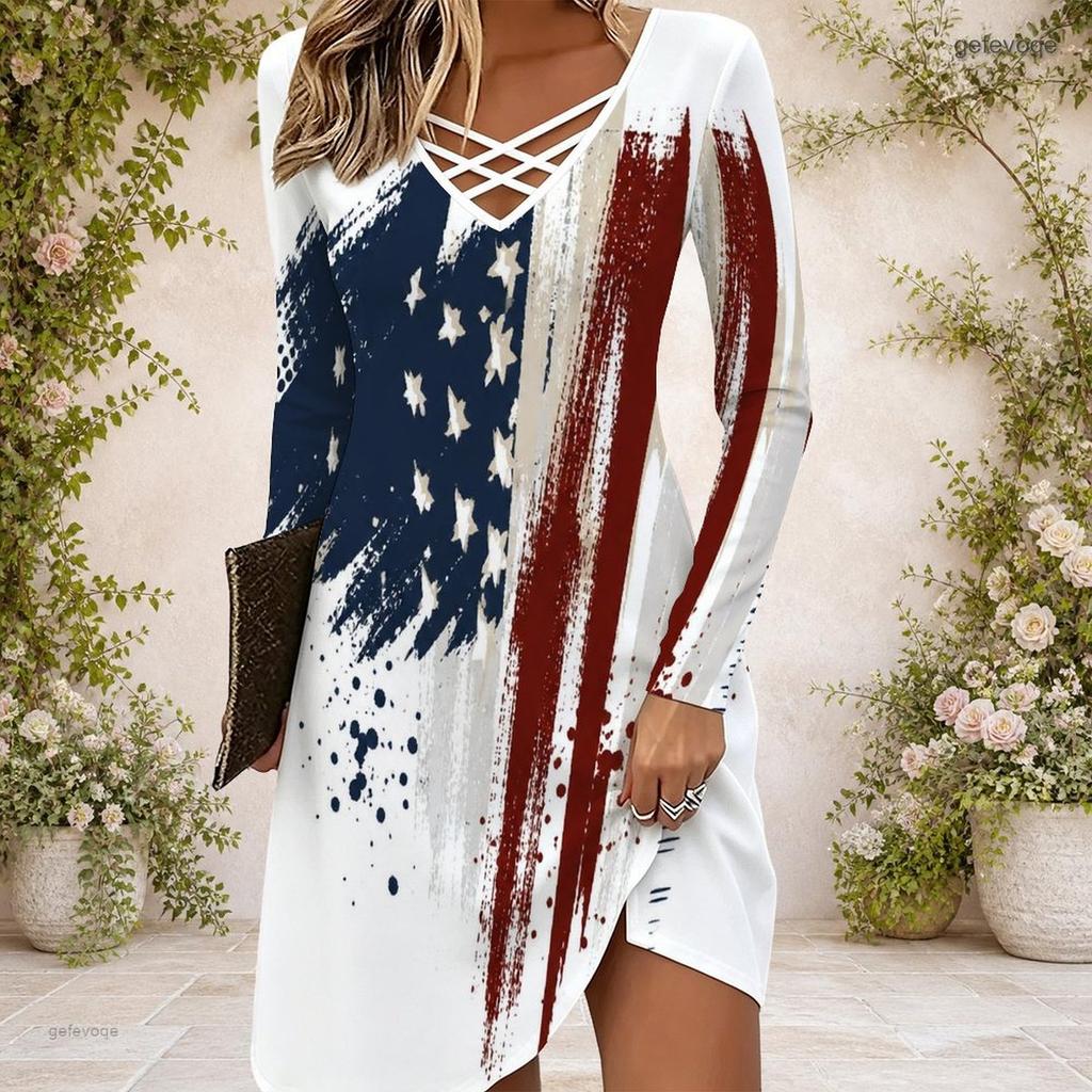 Women Criss Cross V Neck Long Sleeve American Flag Printed Curved Hem Dress