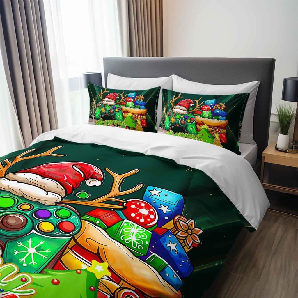 3Pcs Merry Christmas Gamer Bedding Duvet Cover Set Christmas Gamer Bedding Quilt Set Christmas Theme Bed Quilt Set Holiday Gamer