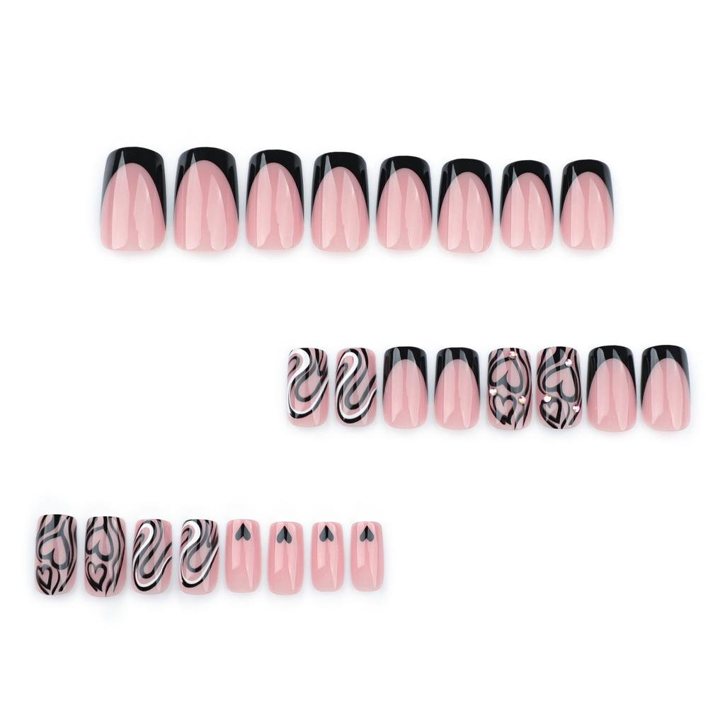 Love Curve Colored Diamond French Wearing Nail Short Rectangular Nail Fake Nails Nail Piece Manicure Fake Nails