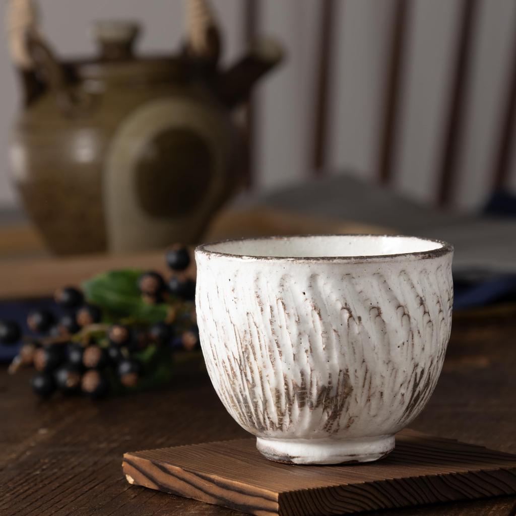 Marui Pottery Shigaraki Ware Hechimon Teacup, Approx. 250ml Capacity, Snow Wings Design, White, 3-4498