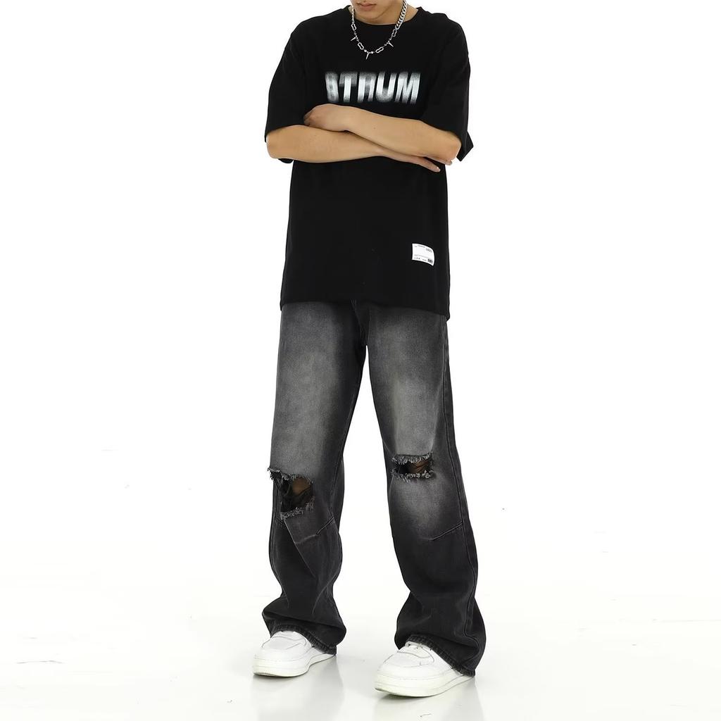 High Street Washed Old Ripped Jeans Men's Summer Trend High Street Retro Loose Straight Casual Pants Straight