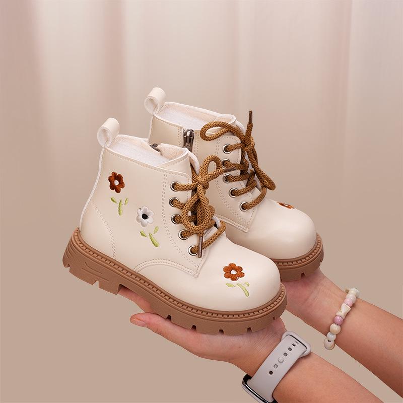 Girls' Embroidered Leather High-Top Boots with Side Zipper, 2025 Autumn Collection - Trendy Princess Style Martin Boots