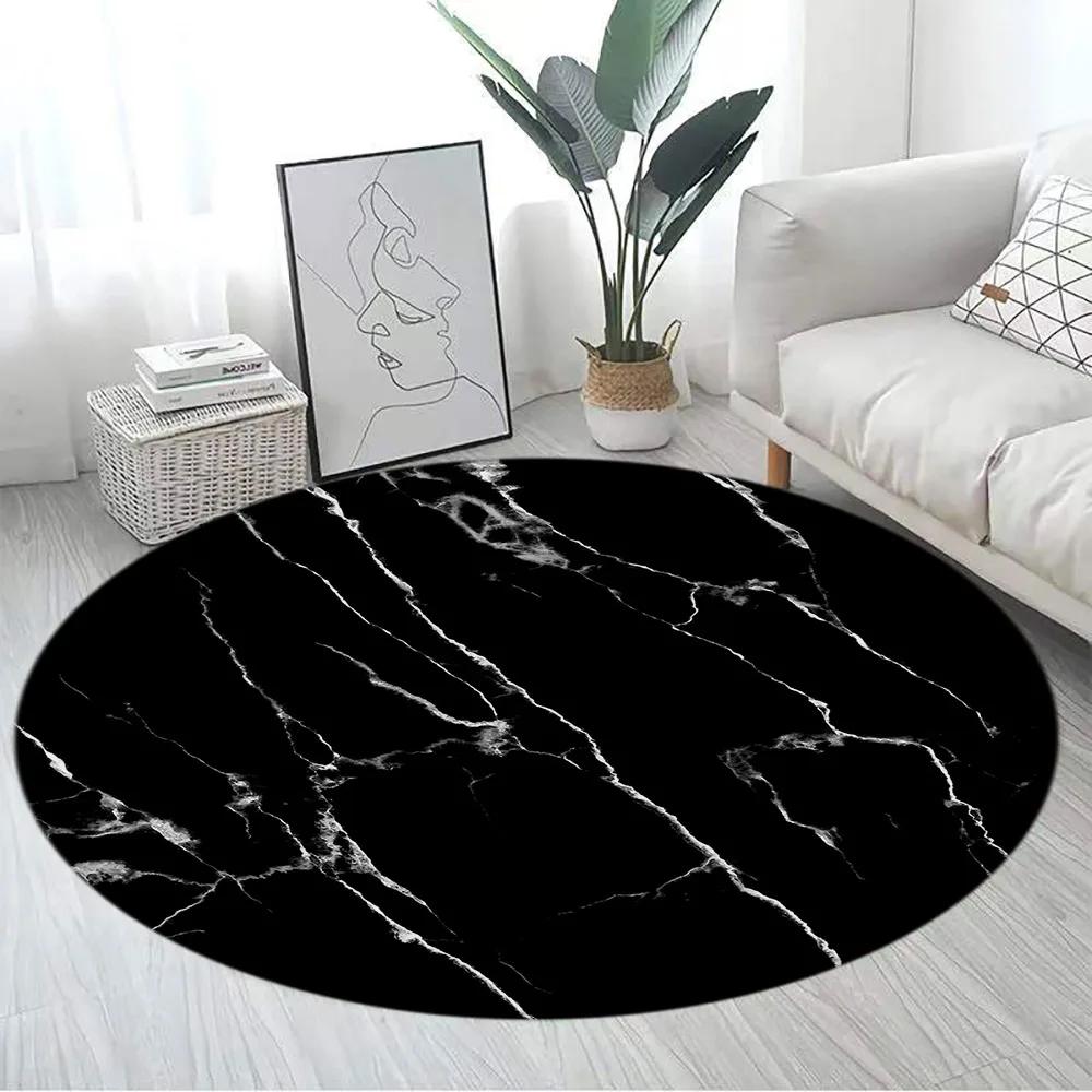 Abstract Blue Marble Round Carpet Gold Textured Geometric Pattern Black Home Rugs Living Room Bedroom Decor Sofa Rug Floor Mats