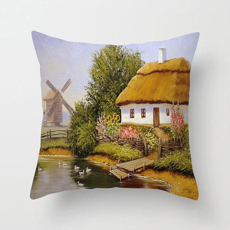 Retro Sofa Chair Home Decoration Oil Painting Pillowcase Pastoral Scenery Flower and Bird Cushion Cover Living Room Ornament