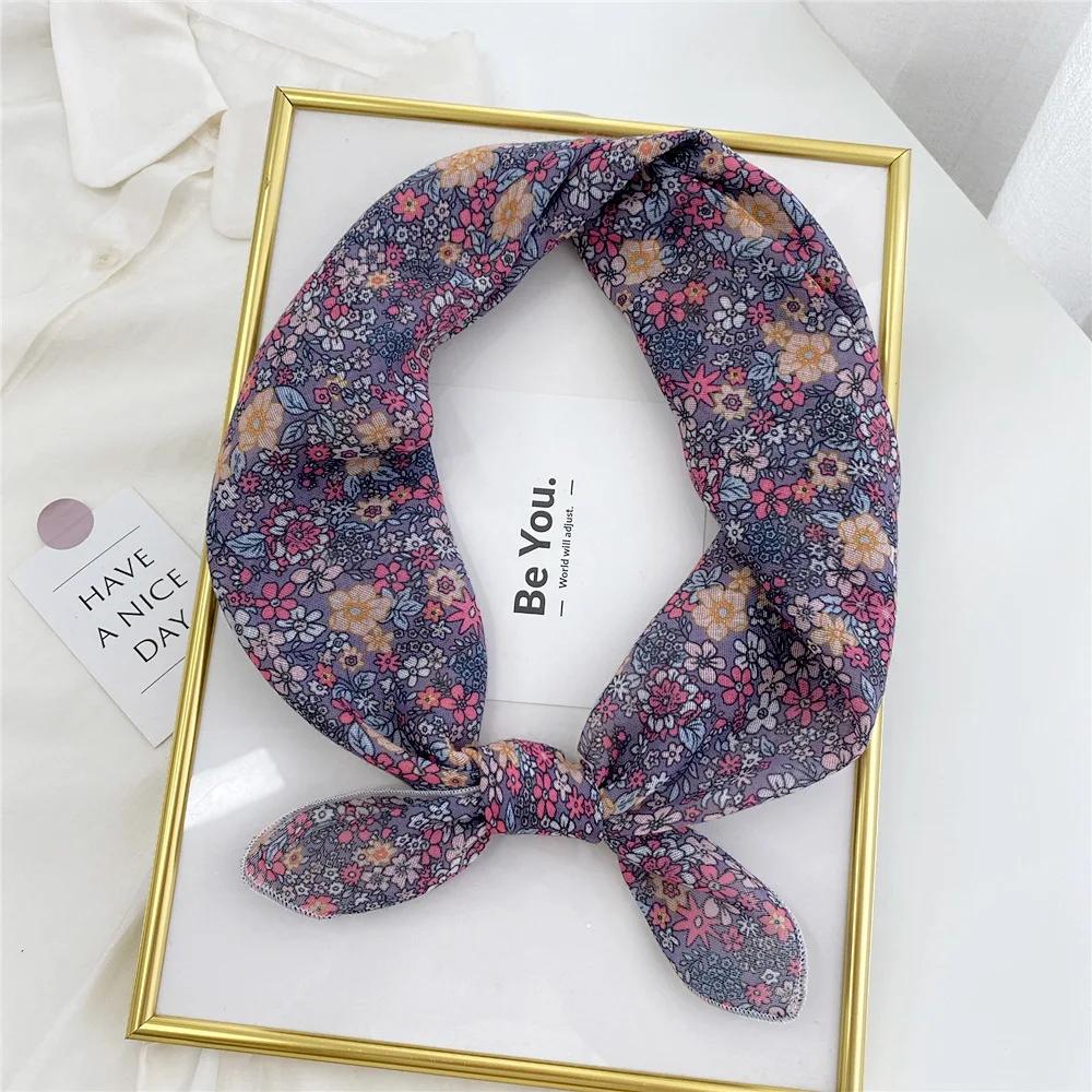 Floral Print Neckerchief Small Hijab Scarfs Women Fashion Handkerchief Neck Scarf Shawls Cotton Blends Korean Hair Scarves 58CM