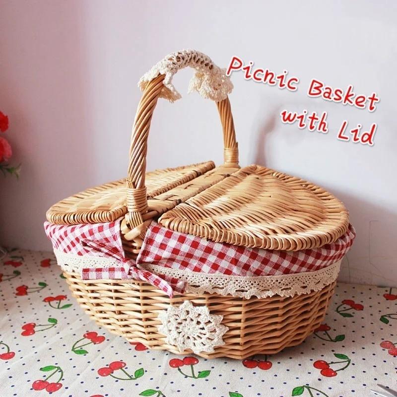 Simple Cute Wicker Carry-on Handle Storage Baskets Picnic Basket with Lid Fruit Food Basket Home Organization Accessories 2024