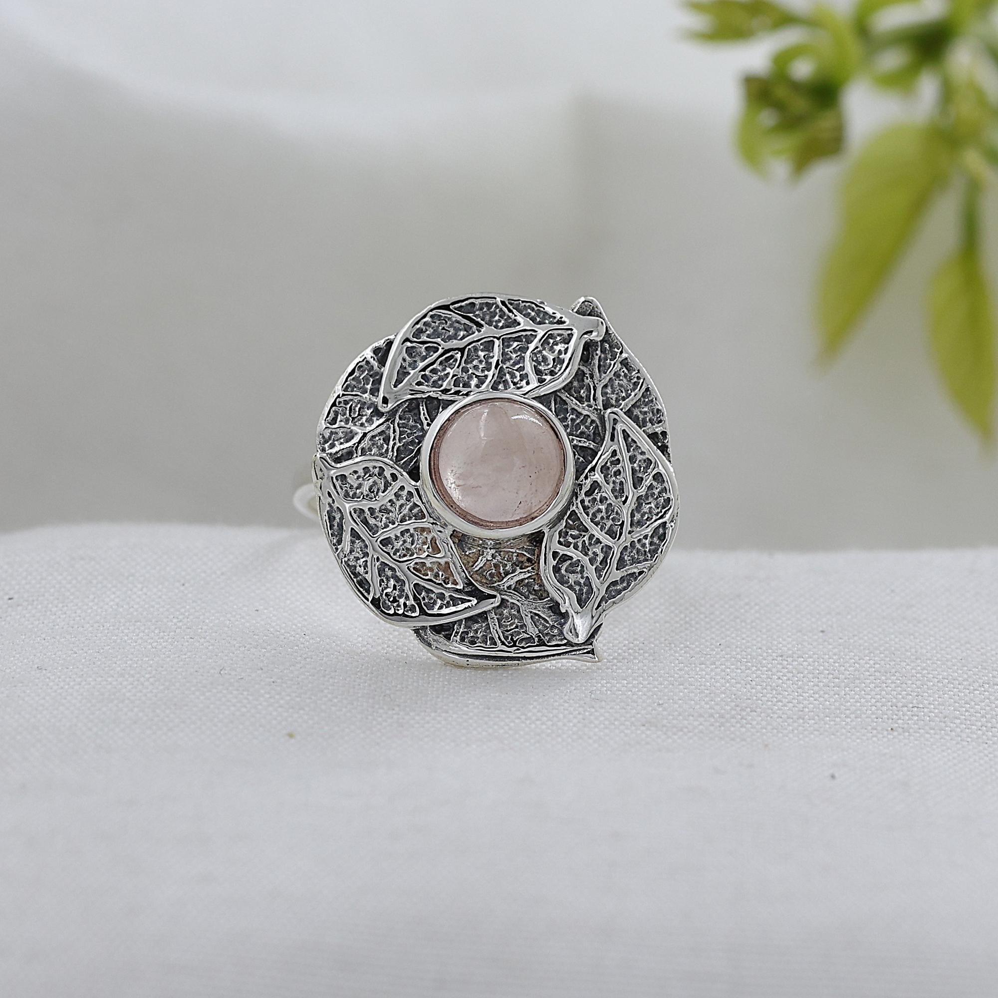 

Серебряное кольцо с розовым кварцем, Кольцо с дизайном листьев, Изделие ручной работы из чистого серебра 925 пробы, Серебряные украшения, Ar8941 5 розовый