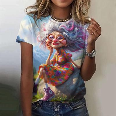 Top Grafici Colorati alla Moda da Donna Cartoni Animati Nonna Stampa 3D Maniche Corte Casual Estivi Girocollo