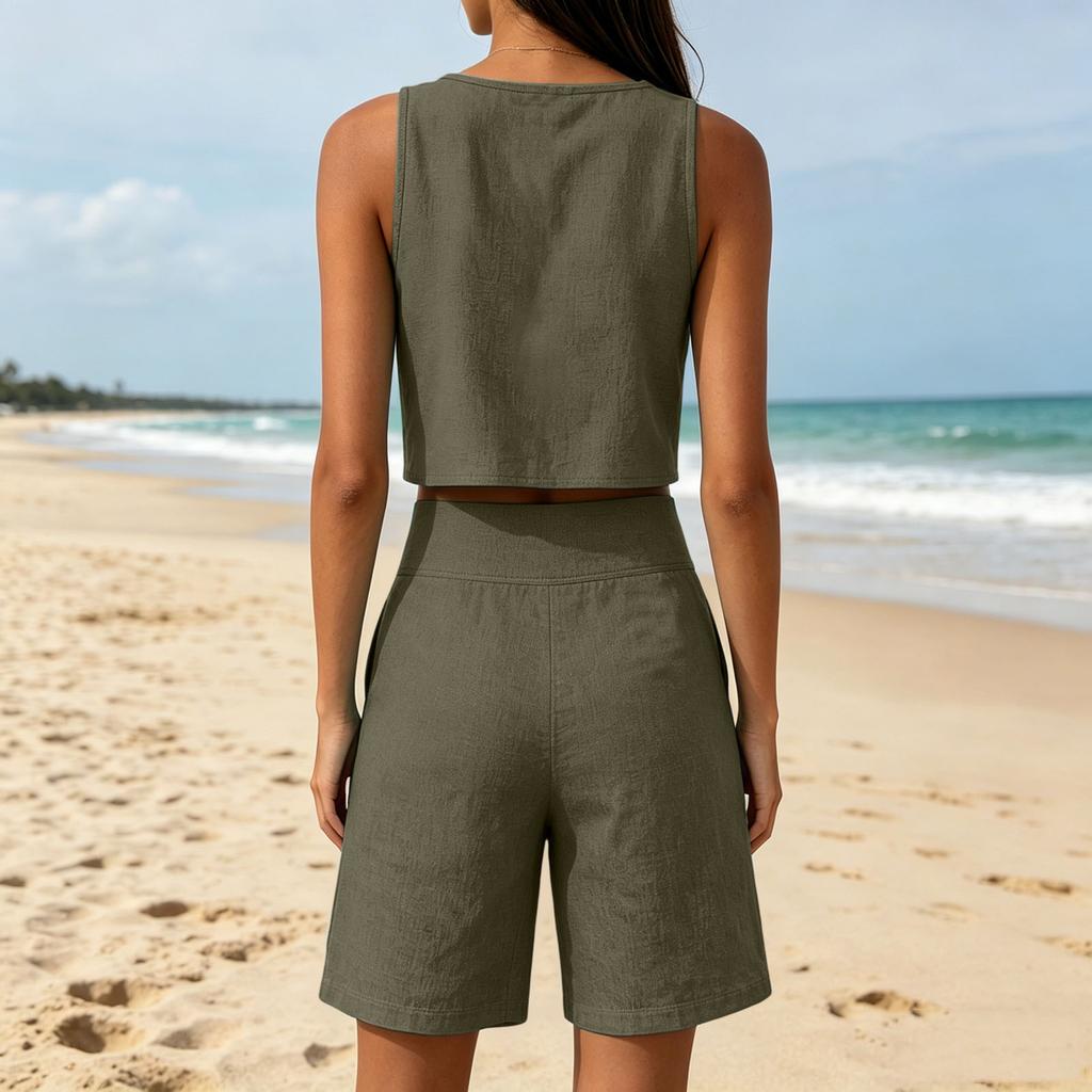 Damen ärmelloses zweiteiliges Set Leinenoptik Crop Top und High-Waist-Shorts lockere Passform Sommer-Outfit für Freizeitkleidung
