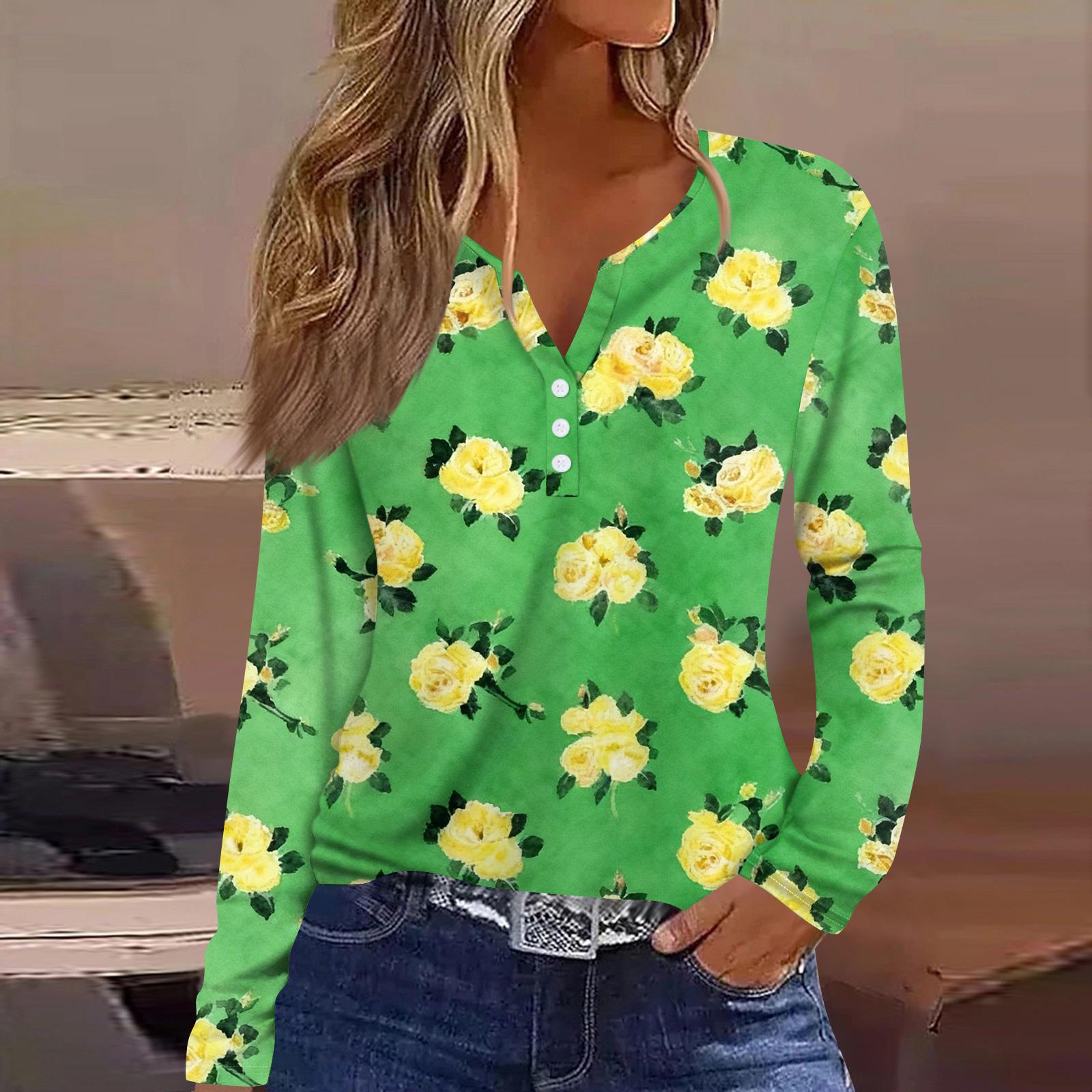 

Женская мода, повседневная футболка с цветочным принтом, V-образным вырезом, длинными рукавами и пуговицами, топ с длинными рукавами M зелёный