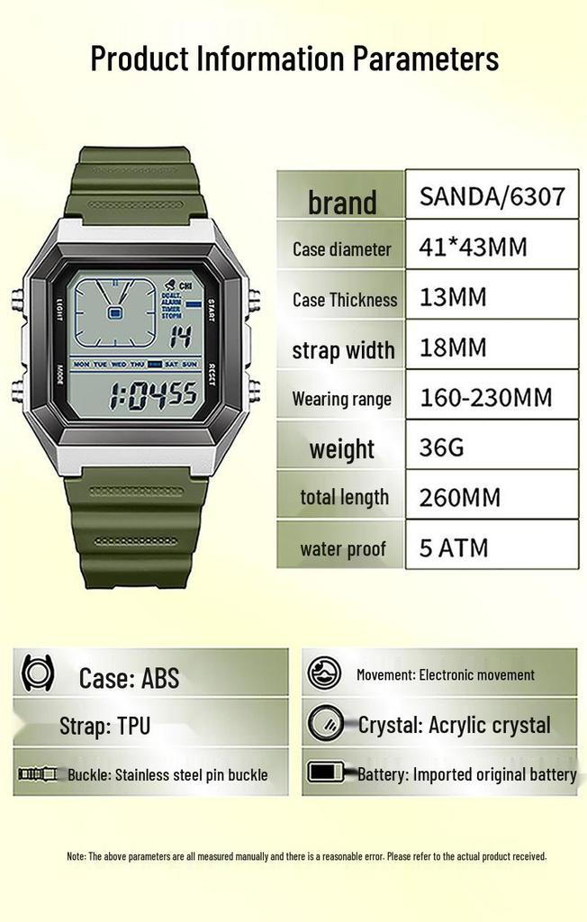 Waterproof Sanda Youth Watch - Simple, Trendy, Square Design with Analog Hands & Light-up Feature