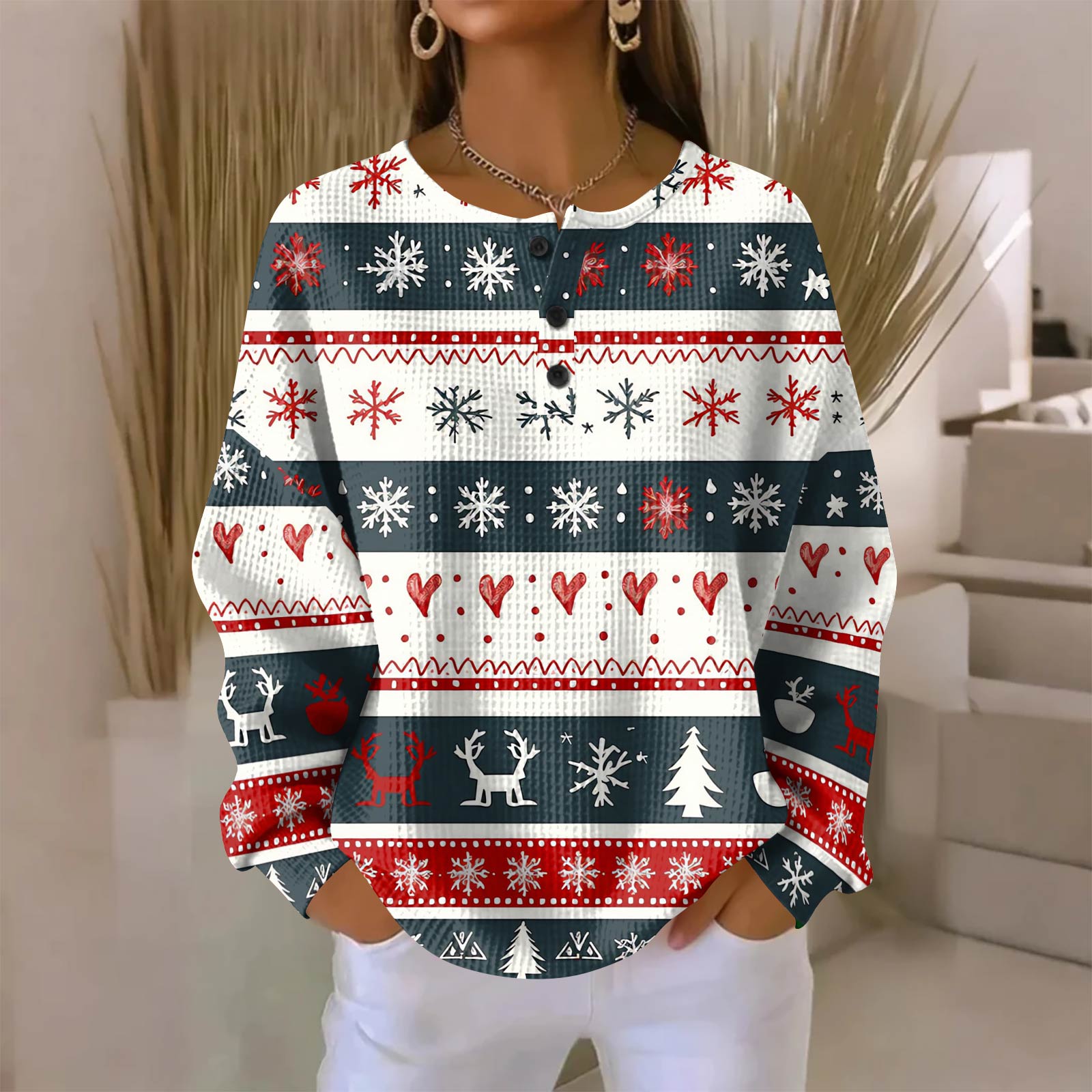 

Женская модная повседневная блузка с принтом на рождественскую тематику, V-образным вырезом, длинными рукавами и застежкой на пуговицы XXL тёмно-синий