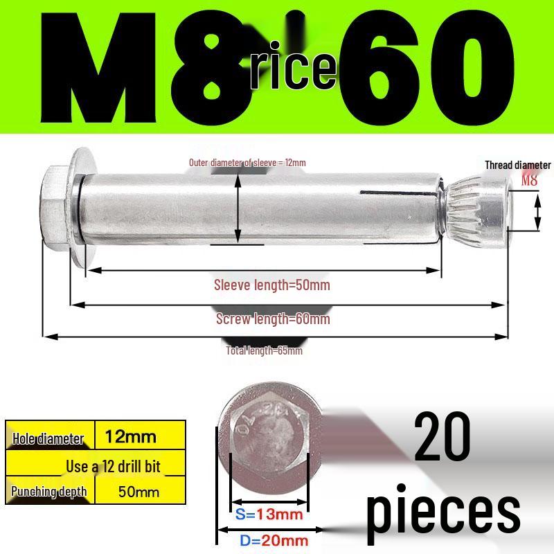 Stainless Steel Expansion Screw: Hexagonal Head with Internal Expansion (304/201), Sizes M6, M8, M10, M12.
