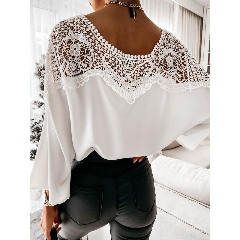 Spring Autumn Long Sleeve Lace Blouses & Shirts Women Solid Color Commuter Top Round Neck Small Shirt