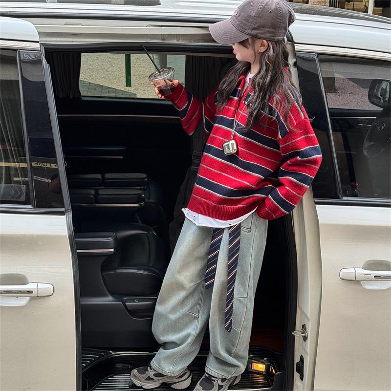 Girls' Striped Knitted Polo Sweater - Autumn/Winter 2025 Fashion Pullover for Kids