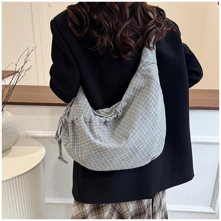 Women's 2025 Korean Style Plaid Canvas Bag - Large Capacity Shoulder & Crossbody Dumpling Bag