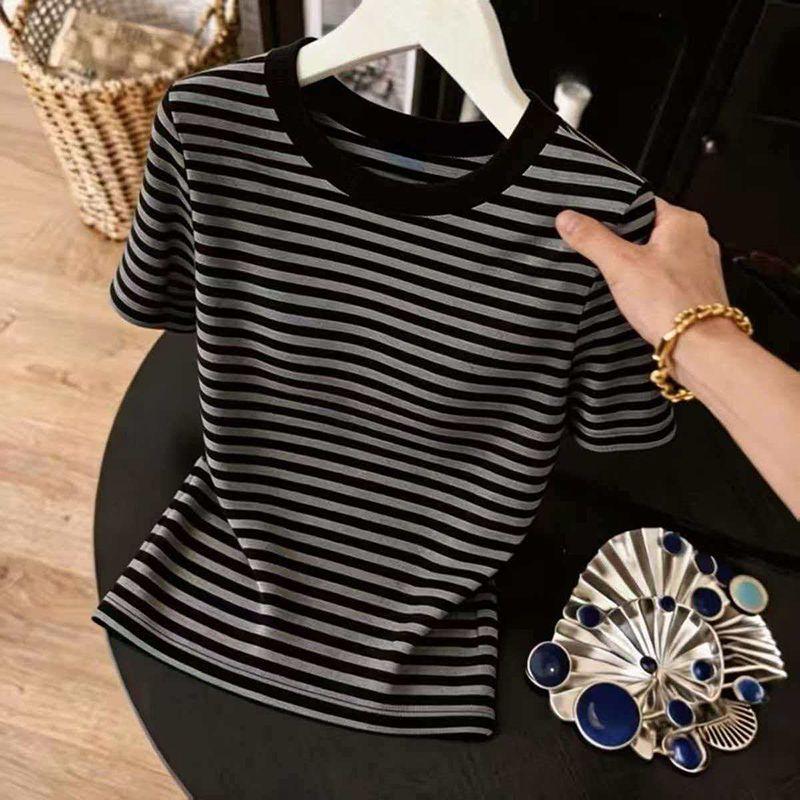 Spring and Summer New Korean Version Striped Front Shoulder Short-sleeved T-shirt Women's Thin and Versatile Outerwear Top Tide