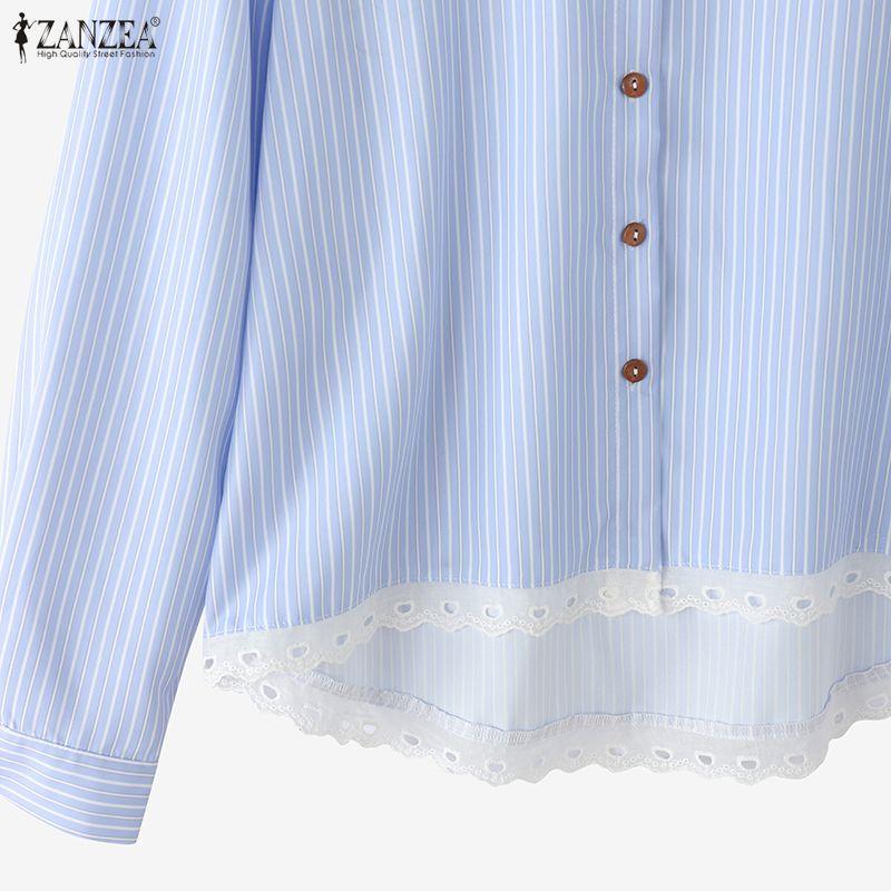 ZANZEA Women Casual Round Neck Long Sleeve Lace Splice Stripe Blouse
