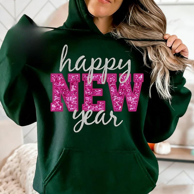 Happy Holidays New Year Sequins Glitter Instant Sublimation Download Digital Desigl Pink and Silver Winter Matching Hoodies