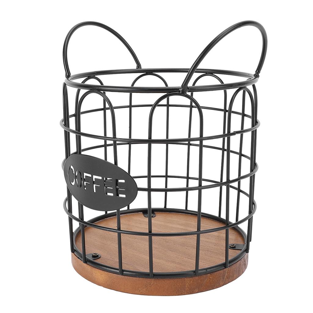 Coffee Pod Holder Iron Wire Weighte Wooden Base Coffee Capsule Storage Basket for Kitchen