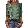 Women’s Casual 3/4 Sleeve Floral Pattern Printed Crew Neck Top Relaxed Fit Lightweight Pullover Blouse Shirt