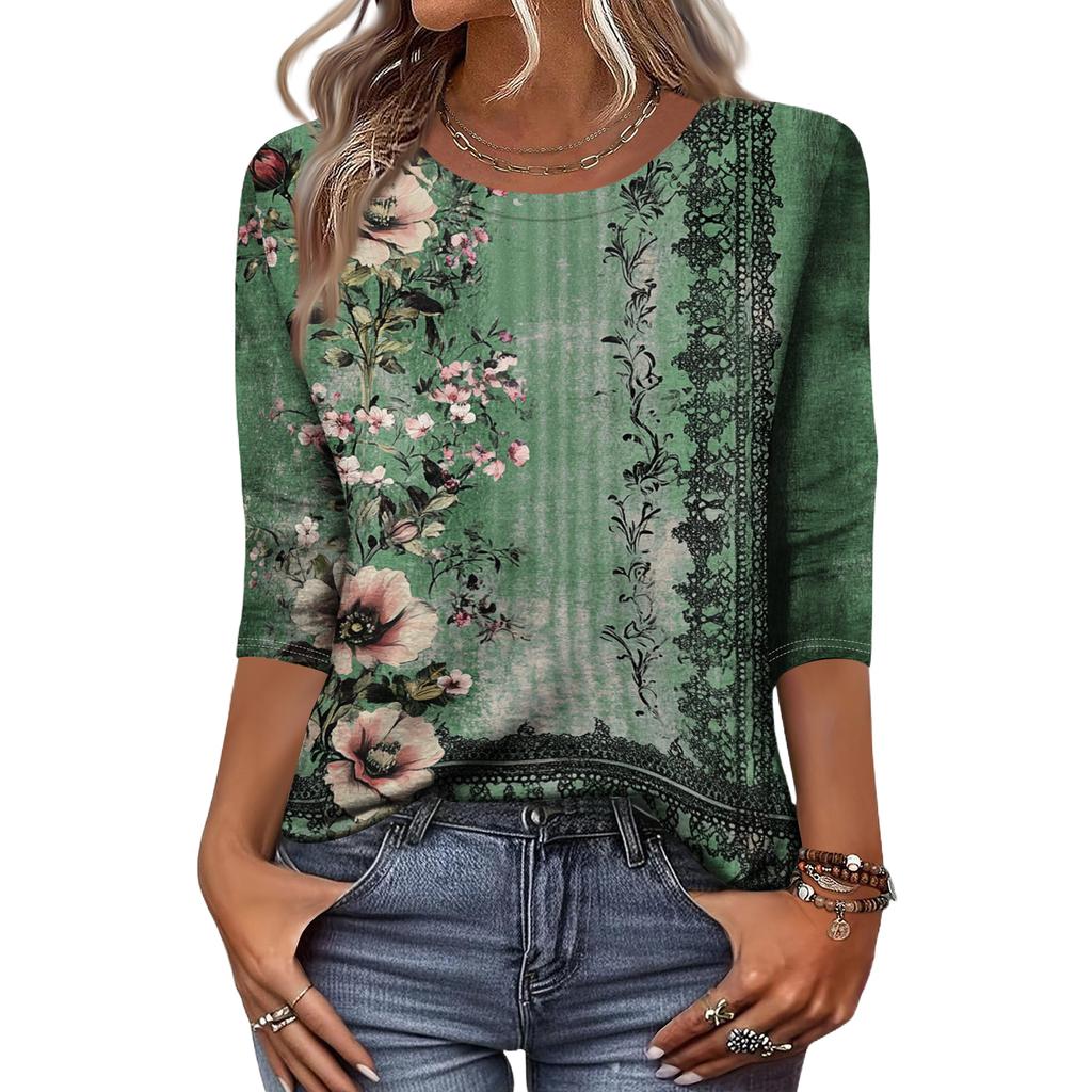 Women’s Casual 3/4 Sleeve Floral Pattern Printed Crew Neck Top Relaxed Fit Lightweight Pullover Blouse Shirt