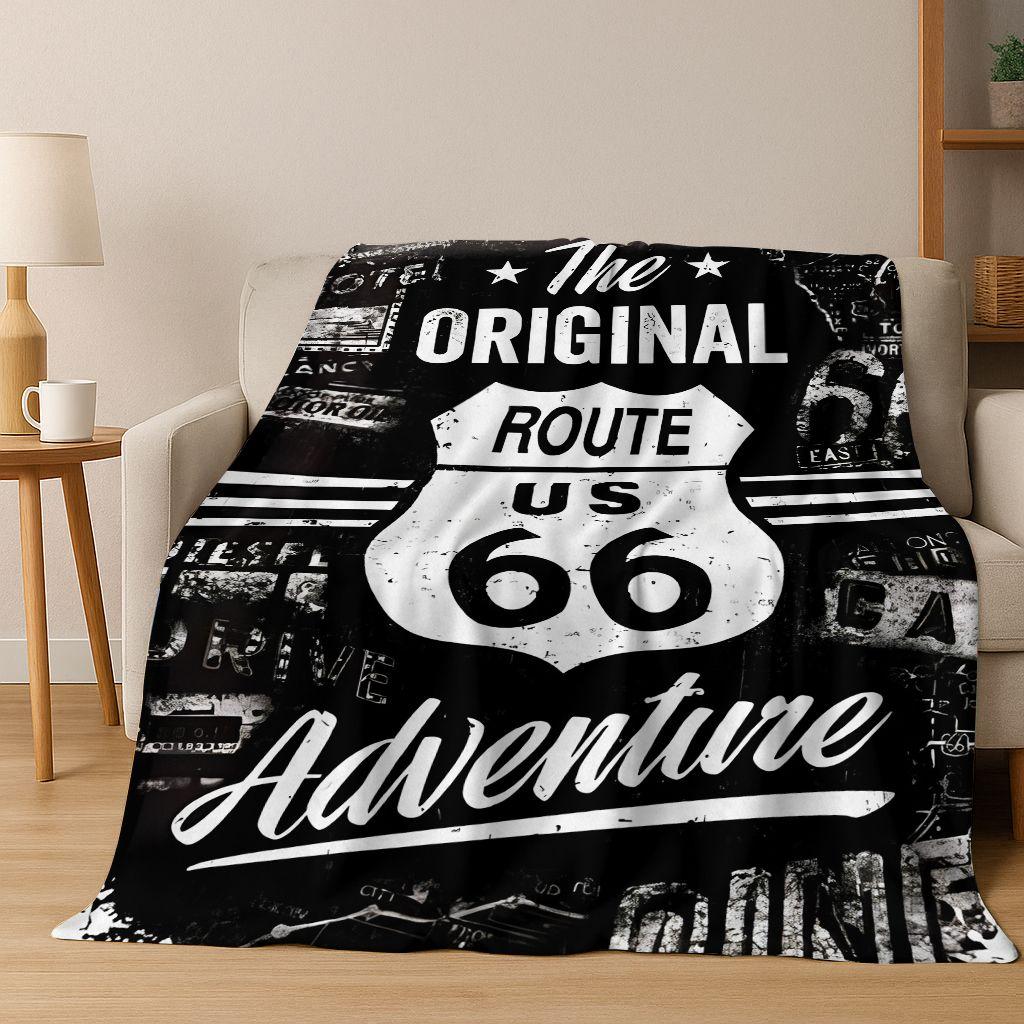 Retro Route 66 Road Trip America Historic Mother Road Art Flannel Blanket,Cozy Soft Throw Blanket for Home Bedroom Bed Sofa Gift