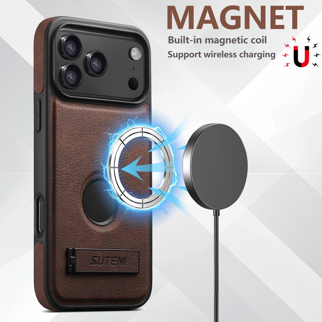 Luxury Faux Leather Phone Case Frosted Feel Stand Magnet Wireless Charging for IPhone 17 Pro Max 16 Plus 15 14 13 12