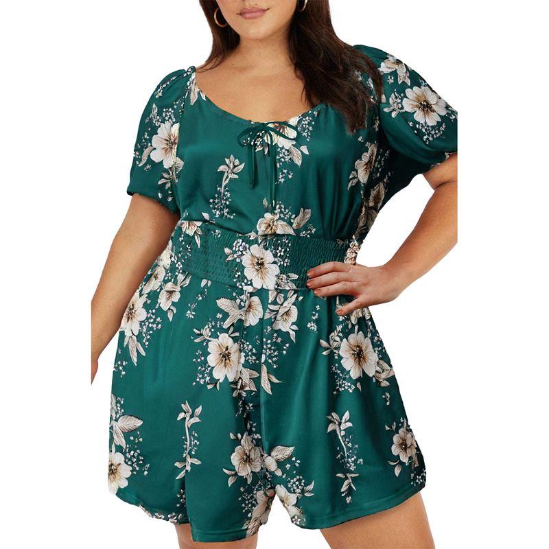 

American Shiying Floral Print Jumpsuit Women 2025 Summer New Waist Hugging Slimming Plus size Jumpsuit Women Green P920 Size XL fit (70.00 kg-75.00 kg
