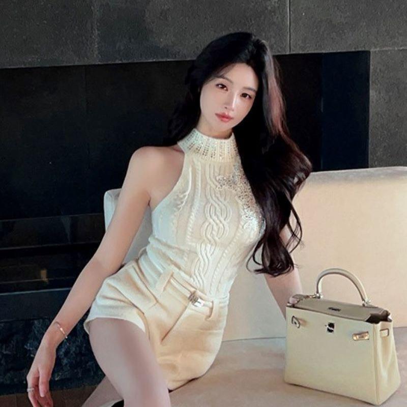 Pure desire diamond-encrusted lace semi-turtleneck sleeveless knitted vest spring and summer waist and thin Spice Girl sexy versatile top