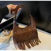 Retro Frosted Suede Tassel One Shoulder Bag Women Autumn Winter Vintage Rivet Zipper Large Capacity All-Match Crossbody Bags