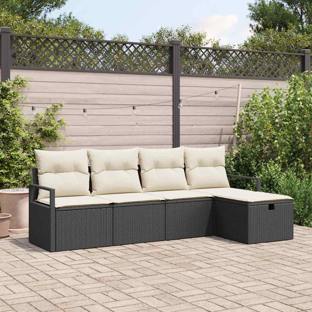 5 Piece Sofa Set with Cushions Black and Cream Poly Rattan