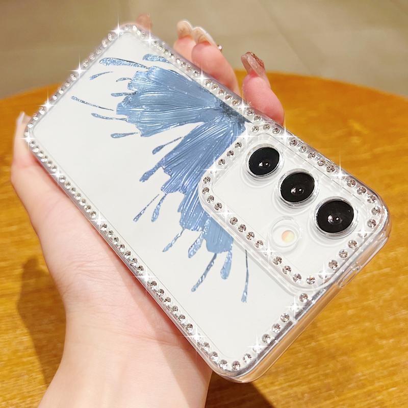 Diamond Frame Soft Silicone Shockproof Case For Samsung S25 Ultra S24 FE S23 S22 A16 A56 A36 A15 A55 A35 Butterfly Print Clear Phone Cover