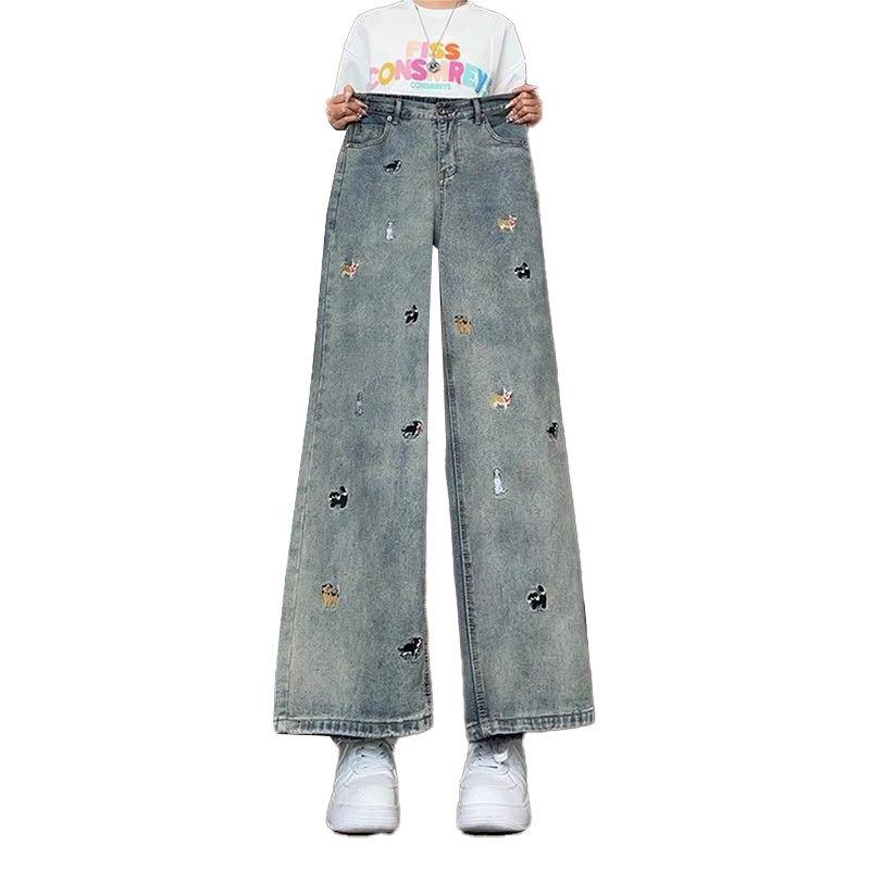 Embroidered Jeans for Women Spring and Autumn Large Size Loose Wide Legs Straight Leg Pants