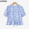VONDA Women Summer Short Sleeve Bow Knot Printing Casual Ruffled Cropped Blouse