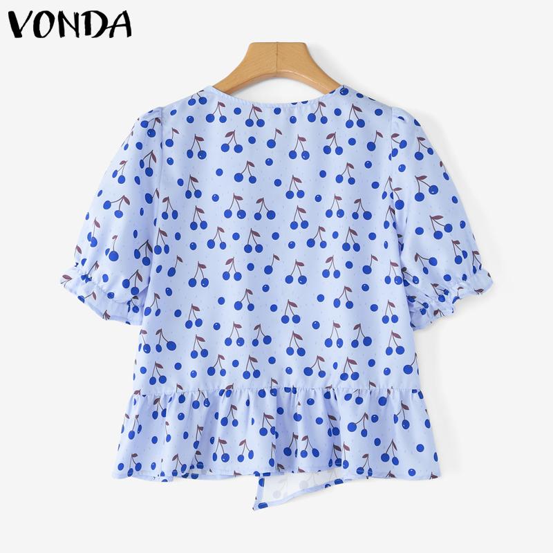 VONDA Women Summer Short Sleeve Bow Knot Printing Casual Ruffled Cropped Blouse