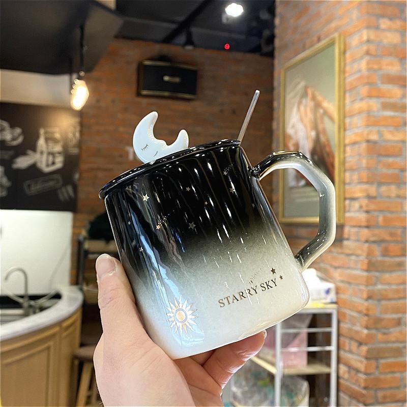 Creative Cup Literary Girl Mug Simple Gradient Color Starry Sky Big Belly Ceramic Water Cup with Lid and Spoon