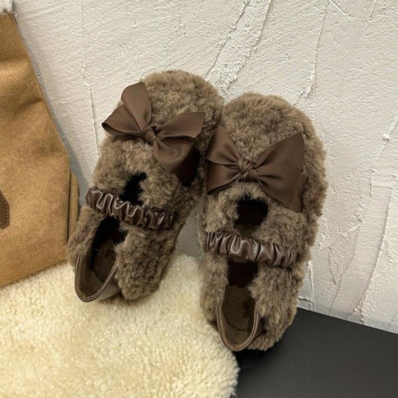 

Платформа Милый бант Слипоны Два способа носки Пушистые туфли Женская уличная обувь 2025 Осень и зима Новые Флисовые Универсальные Хлопковые туфли 40