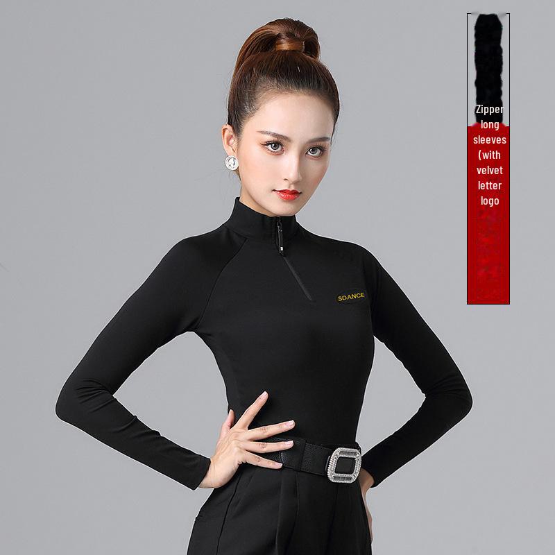 Women's Long Sleeve Zipper High Collar Latin Dance Tops for Autumn and Winter Training