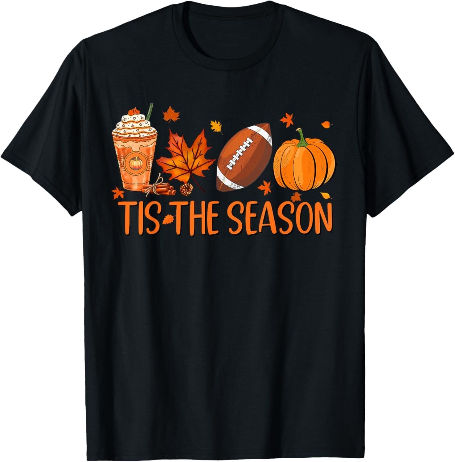 Tis The Season Fall Autumn Football Pumpkin Coffee Leaves T-Shirt Mens Womens Tees Top unisex T-Shirt Mens Womens Tees Top 3XL