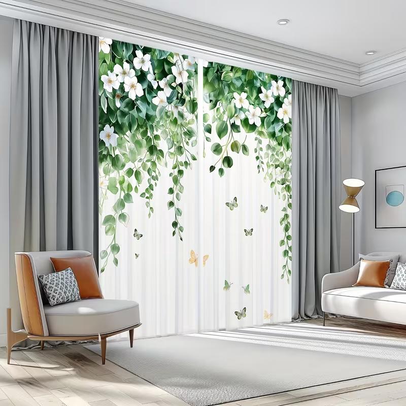 2PCS Watercolor Green Vine & White Floral Sheer Curtains - Lush Botanical Window Drapes with Butterflies