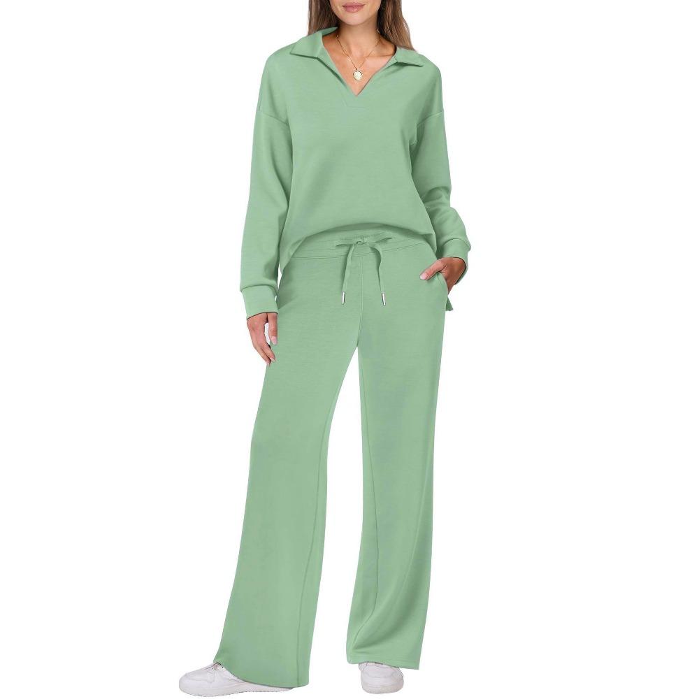 Suéter de cuello en V de manga larga deportivo informal de moda de otoño e invierno para mujer, pantalones de pierna ancha, traje de dos piezas