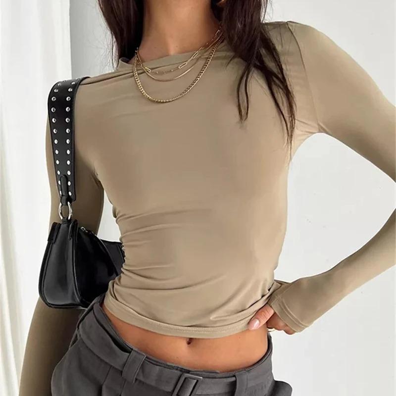 Autumn Women Slim Round Neck Cropped Tops Long Sleeve Show Navel Solid Temperament Color T-Shirt