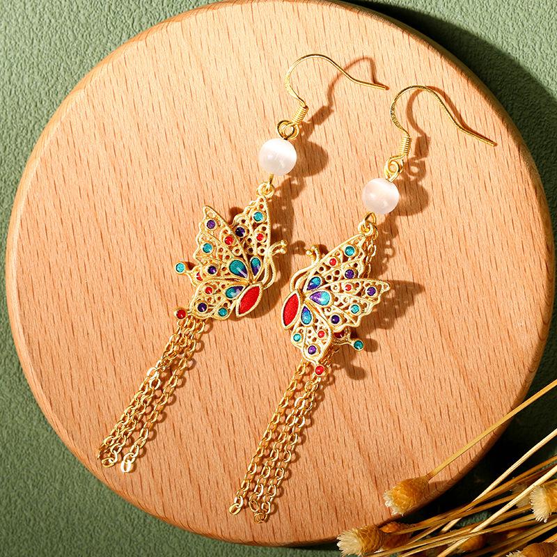 Ancient Gold Sterling Silver Earrings with Imitation Hetian Jade & Colorful Butterfly Tassels Electroplated Gold